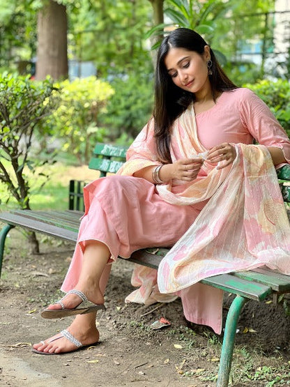 Pink Art Silk A-Line Kurta with Dupatta and Bottomwear