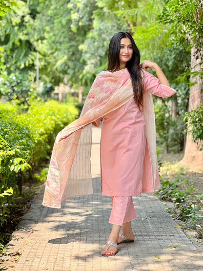 Pink Art Silk A-Line Kurta with Dupatta and Bottomwear