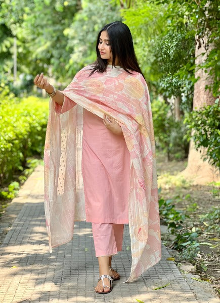 Pink Art Silk A-Line Kurta with Dupatta and Bottomwear