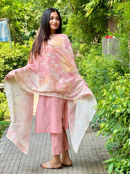 Pink Art Silk A-Line Kurta with Dupatta and Bottomwear