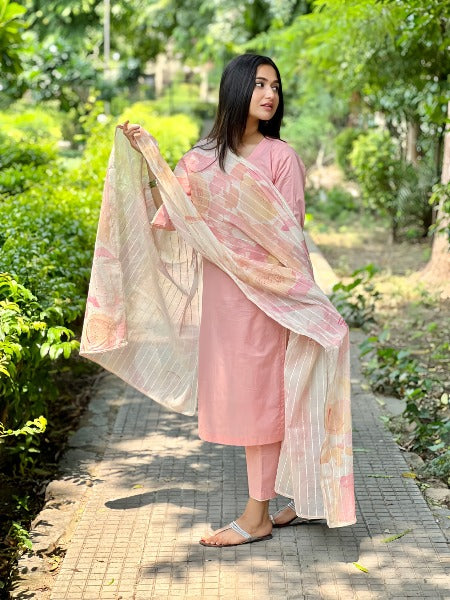 Pink Art Silk A-Line Kurta with Dupatta and Bottomwear