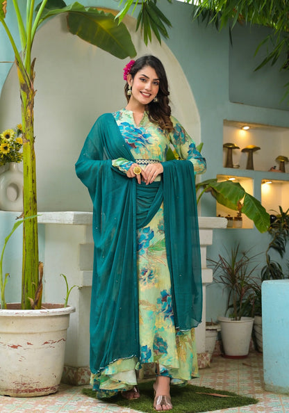 Hirwa Lush Green Floral Print Anarkali Suit with Dupatta