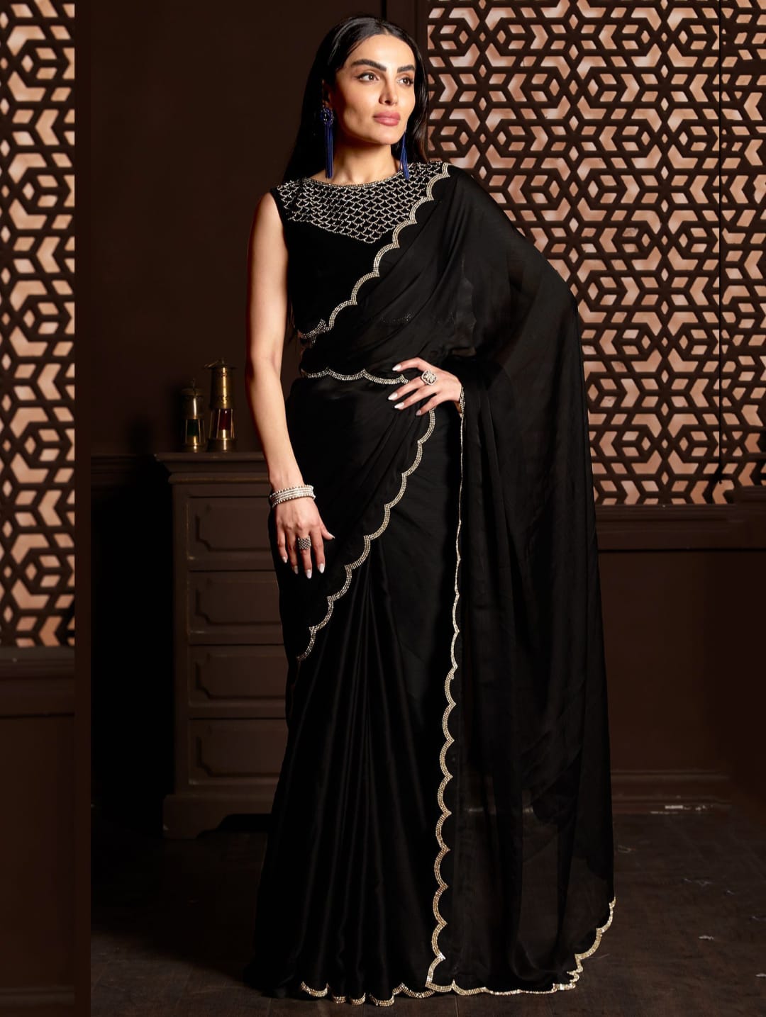 Stone Work Georgette Saree with Unstitched Blouse