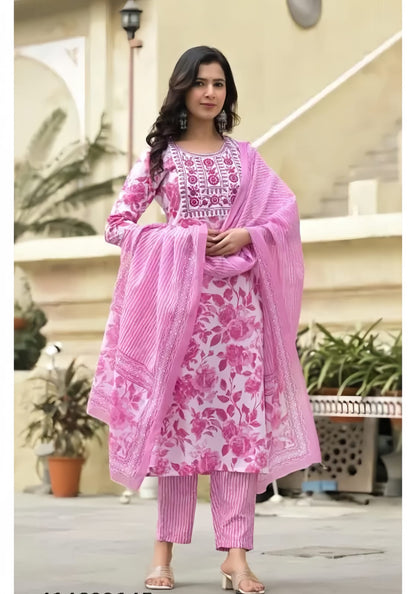 Pink Viscose Rayon Kurta Pant Dupatta Set