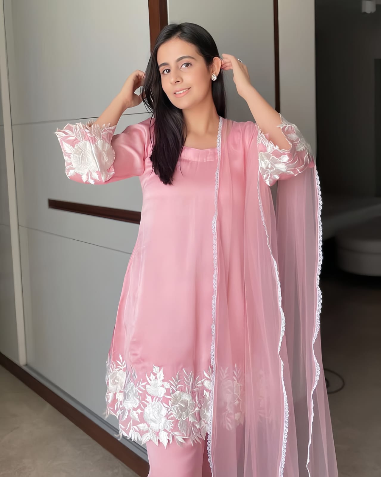 Silk Art Shop's Imported Designer Pink Cotton Silk Kurta with Pant & Dupatta