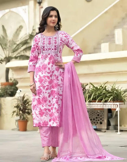 Pink Viscose Rayon Kurta Pant Dupatta Set