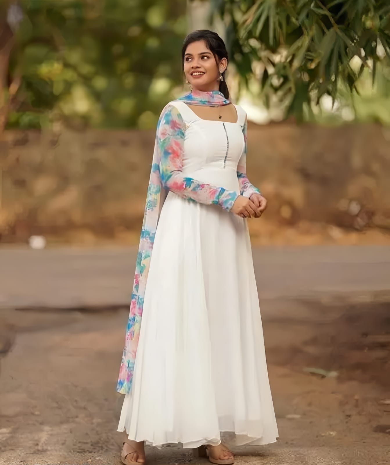 Designer White Anarkali Gown with Dupatta