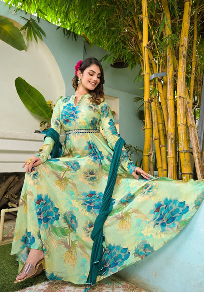 Hirwa Lush Green Floral Print Anarkali Suit with Dupatta