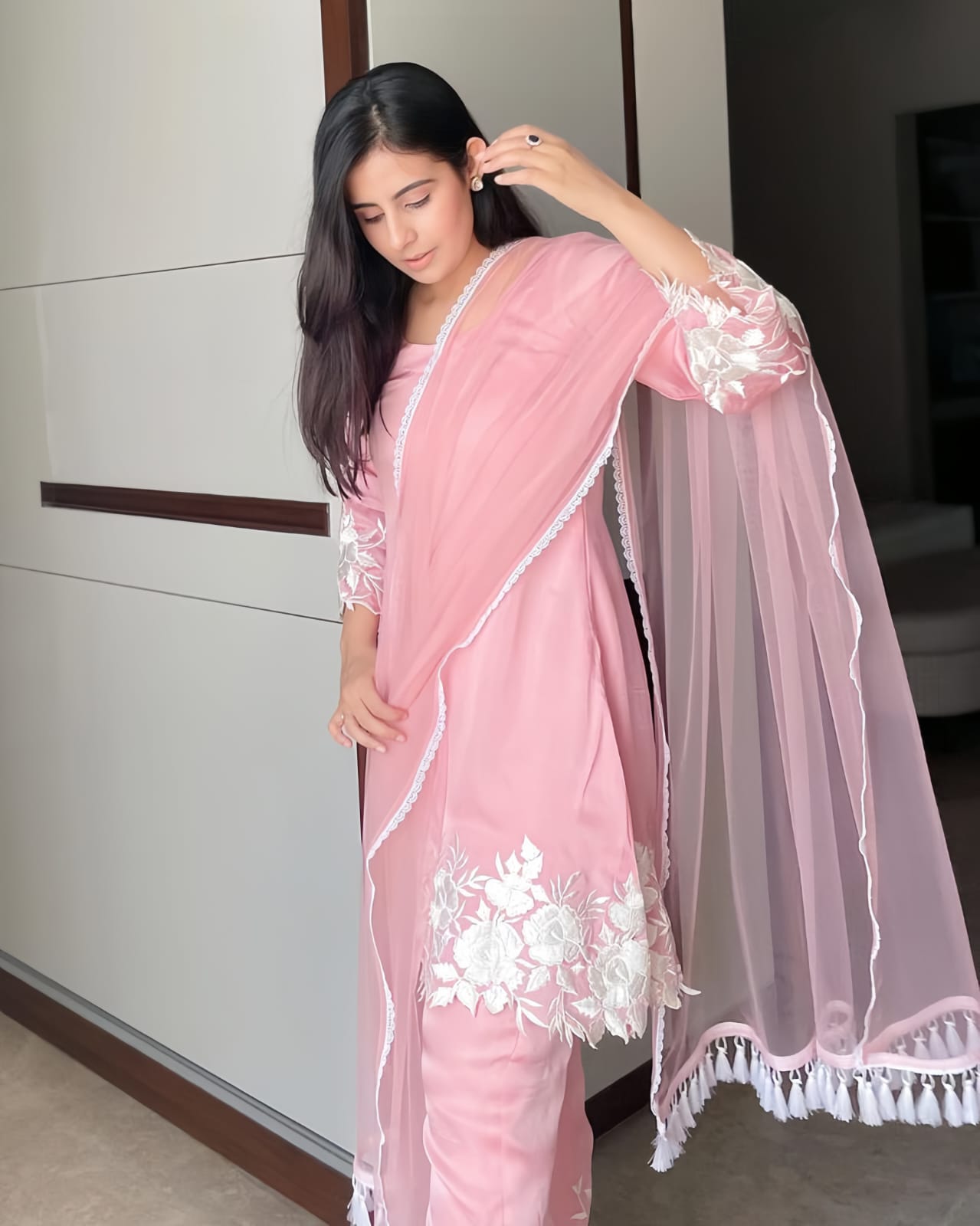 Silk Art Shop's Imported Designer Pink Cotton Silk Kurta with Pant & Dupatta