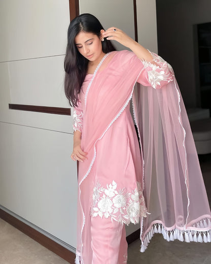 Silk Art Shop's Imported Designer Pink Cotton Silk Kurta with Pant & Dupatta