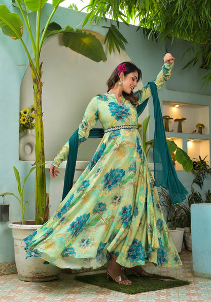 Hirwa Lush Green Floral Print Anarkali Suit with Dupatta