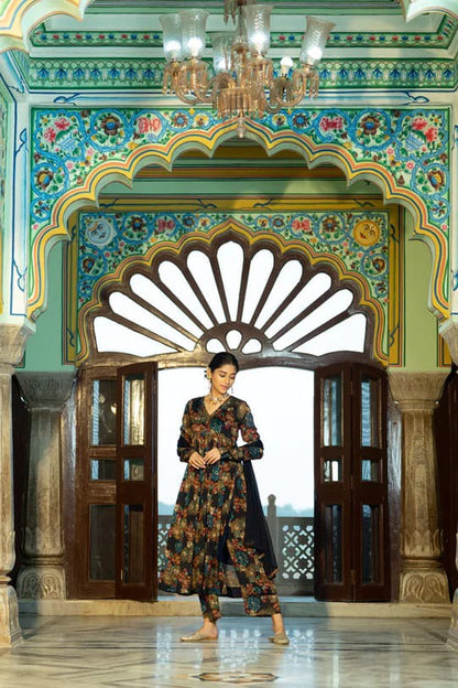 Midnight Black Floral Print A-Line Ethnic Suit Set