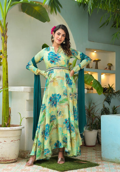 Hirwa Lush Green Floral Print Anarkali Suit with Dupatta