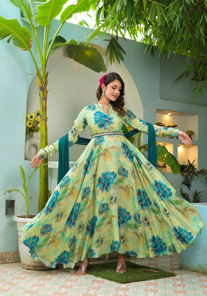 Hirwa Lush Green Floral Print Anarkali Suit with Dupatta