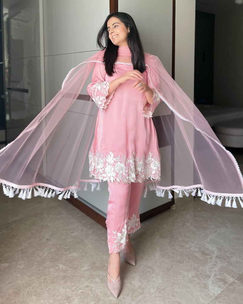 Silk Art Shop's Imported Designer Pink Cotton Silk Kurta with Pant & Dupatta