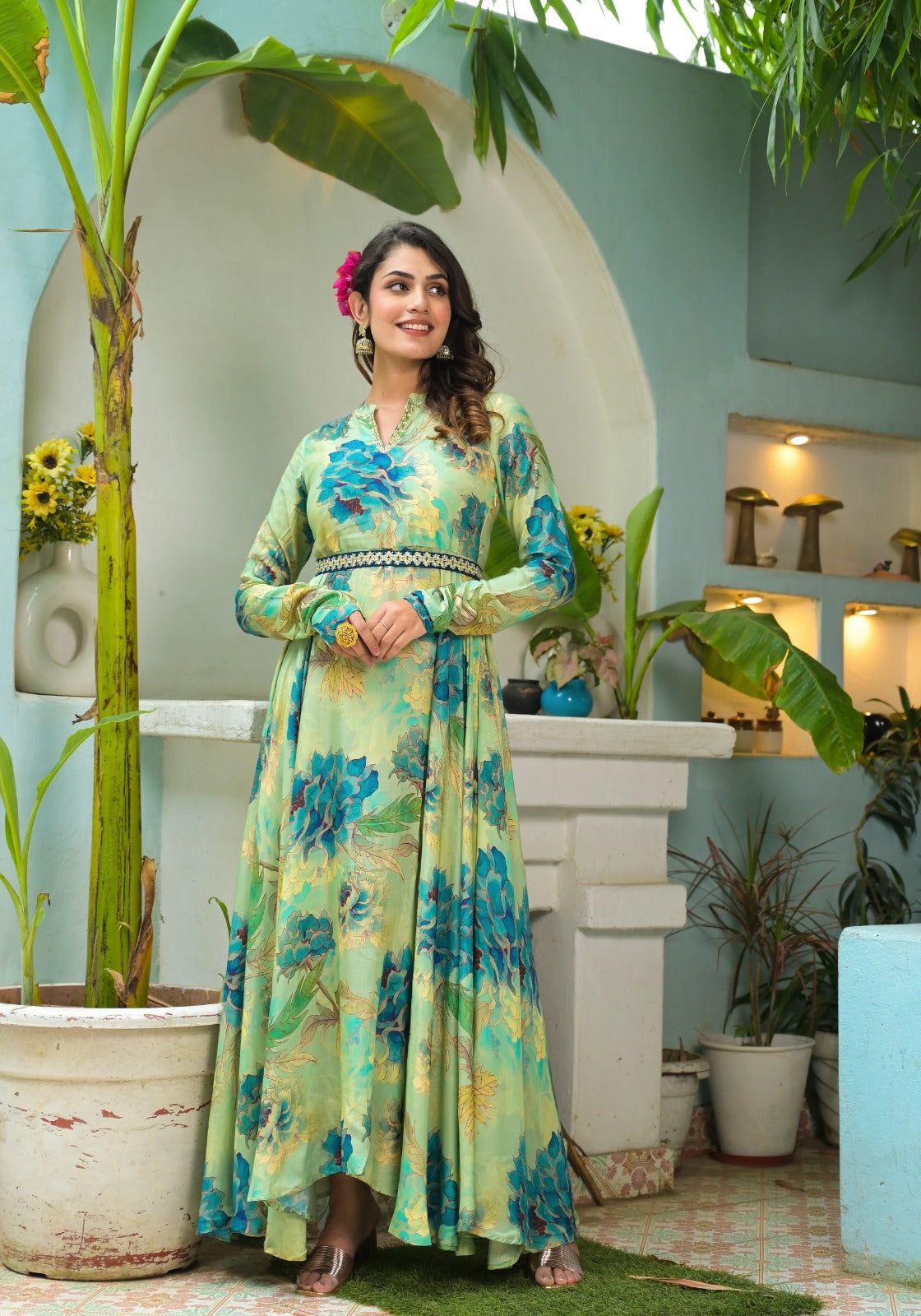 Hirwa Lush Green Floral Print Anarkali Suit with Dupatta