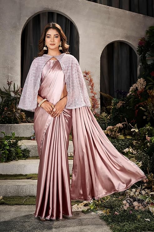 Satin Coti Elegant Women's Traditional Satin Silk Saree with Embellished Cape & Blouse Piece - Ideal for Party, Festive, and Office Wear - 5.5m Saree + 1 m Blouse - Premium Quality Fabric