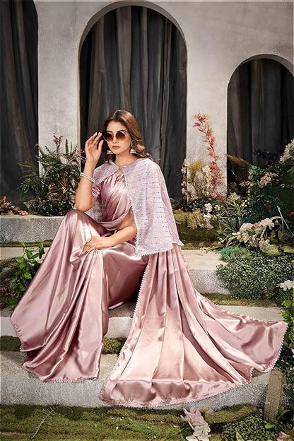 Satin Coti Elegant Women's Traditional Satin Silk Saree with Embellished Cape & Blouse Piece - Ideal for Party, Festive, and Office Wear - 5.5m Saree + 1 m Blouse - Premium Quality Fabric