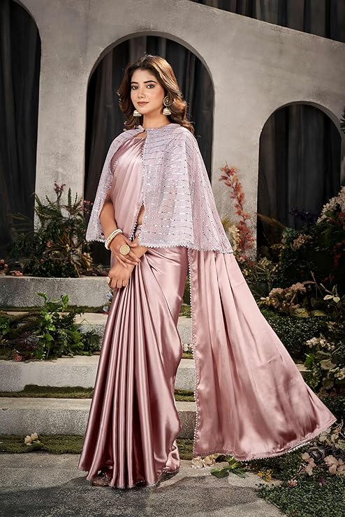 Satin Coti Elegant Women's Traditional Satin Silk Saree with Embellished Cape & Blouse Piece - Ideal for Party, Festive, and Office Wear - 5.5m Saree + 1 m Blouse - Premium Quality Fabric