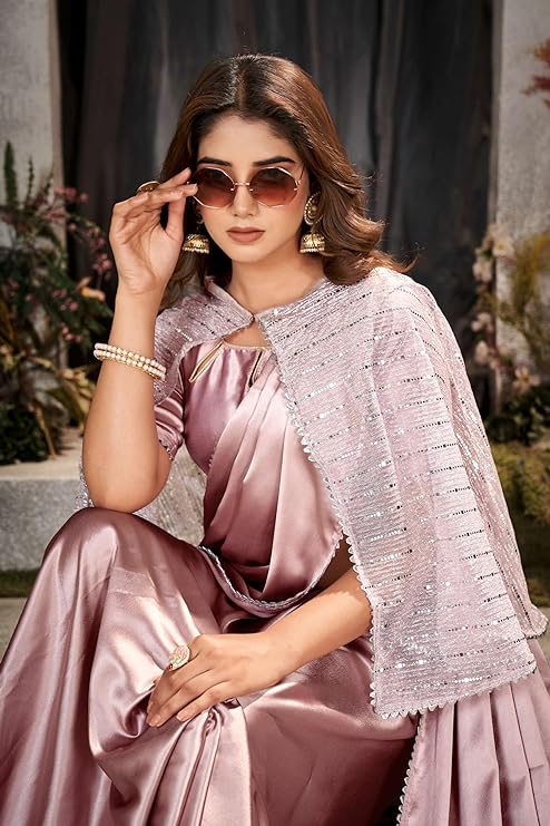 Satin Coti Elegant Women's Traditional Satin Silk Saree with Embellished Cape & Blouse Piece - Ideal for Party, Festive, and Office Wear - 5.5m Saree + 1 m Blouse - Premium Quality Fabric