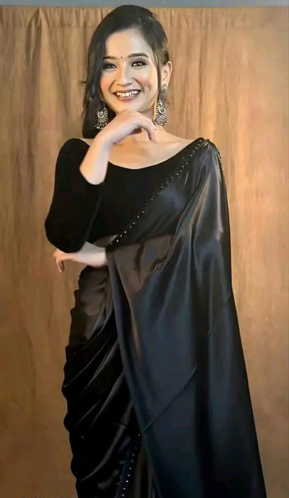 Black Moti Elegance Redefined: Women's Satin Silk Saree with Pearl Border, Velvet Blouse - Timeless Style for Every Occasion