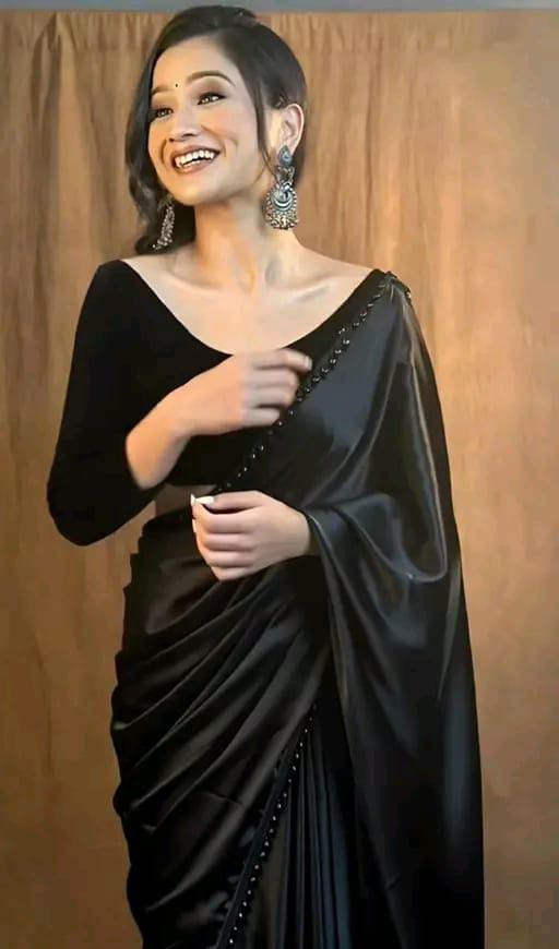 Black Moti Elegance Redefined: Women's Satin Silk Saree with Pearl Border, Velvet Blouse - Timeless Style for Every Occasion